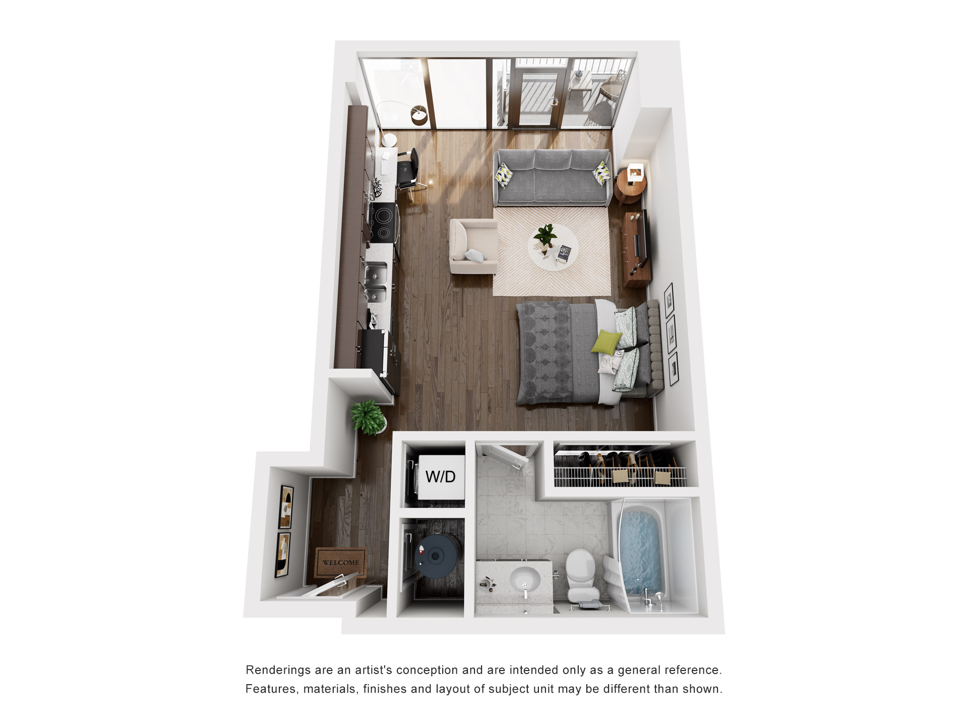 Floor plan for studio, 1 bath, 616 sqft